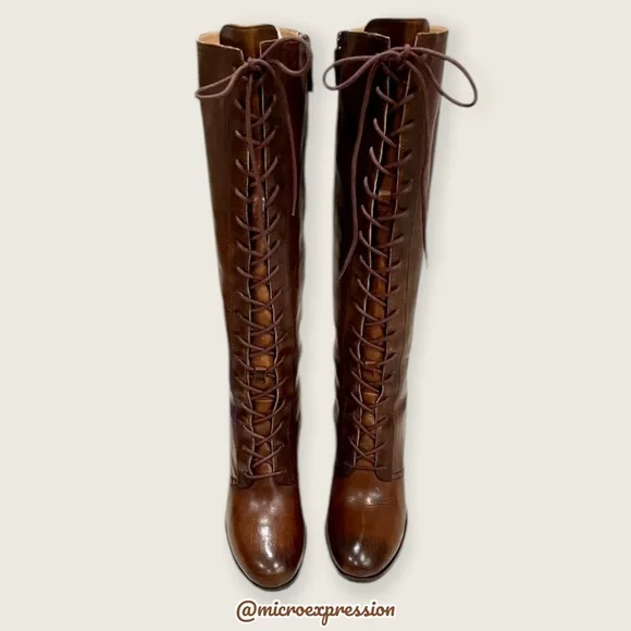 $699 Frye Parker Lace-Up Victorian Brown Leather Tall Bohemian Knee High Boot - Picture 5 of 16